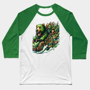 Animated Bears Riding a Green Car in a Vibrant Fantasy Illustration Baseball T-Shirt